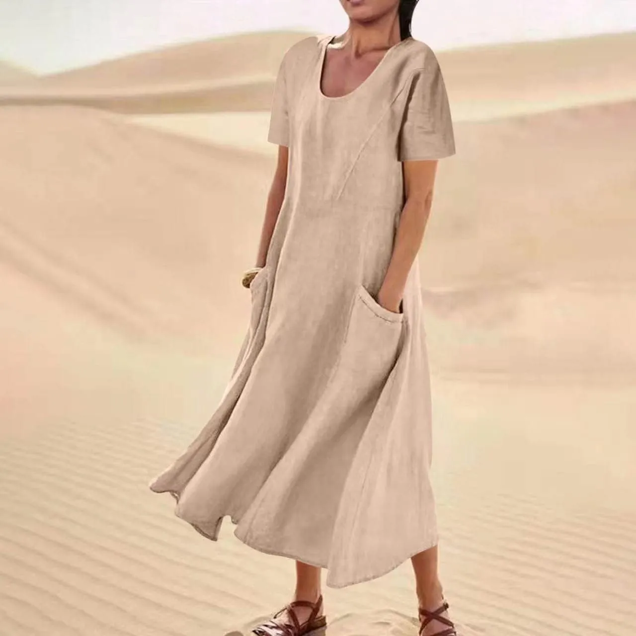 Summer Dresses for Women 2025 Flowy Cotton Linen Tshirt Dress Beach Vacation Maxi Short Sleeve Sundress with Pockets