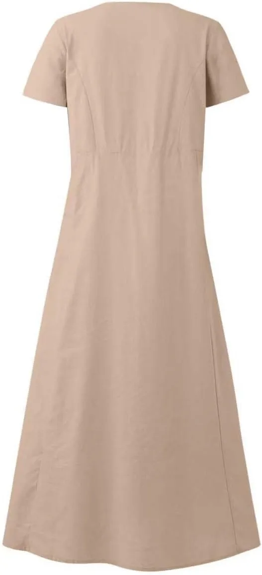 Summer Dresses for Women 2025 Flowy Cotton Linen Tshirt Dress Beach Vacation Maxi Short Sleeve Sundress with Pockets
