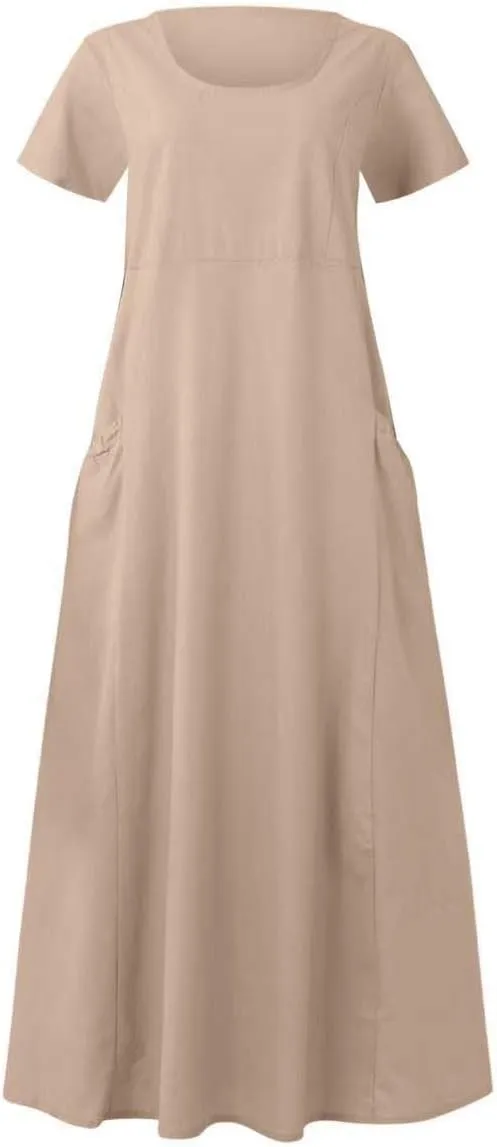 Summer Dresses for Women 2025 Flowy Cotton Linen Tshirt Dress Beach Vacation Maxi Short Sleeve Sundress with Pockets