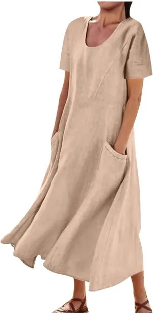 Summer Dresses for Women 2025 Flowy Cotton Linen Tshirt Dress Beach Vacation Maxi Short Sleeve Sundress with Pockets
