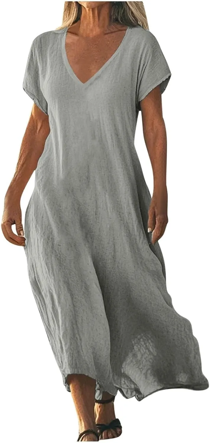 Summer Dresses for Women 2025 Vacation Boho Linen Flowy Dress Casual Short Sleeve v Neck T Shirt Maxi Beach Sundress