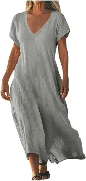 Summer Dresses for Women 2025 Vacation Boho Linen Flowy Dress Casual Short Sleeve v Neck T Shirt Maxi Beach Sundress