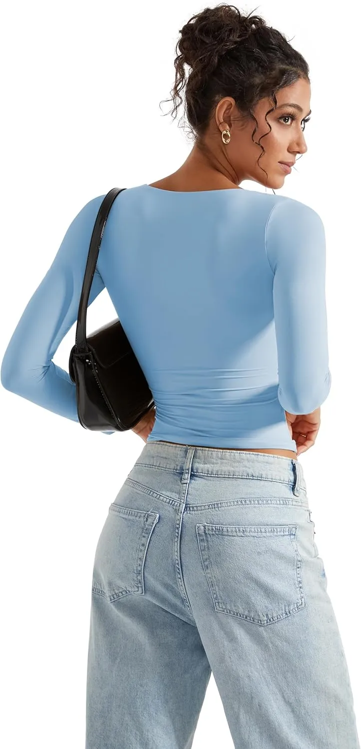SUUKSESS Women Double Lined Casual V Neck Crop Tank Tops Basic Long Sleeve Shirts