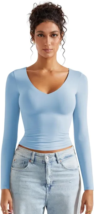 SUUKSESS Women Double Lined Casual V Neck Crop Tank Tops Basic Long Sleeve Shirts