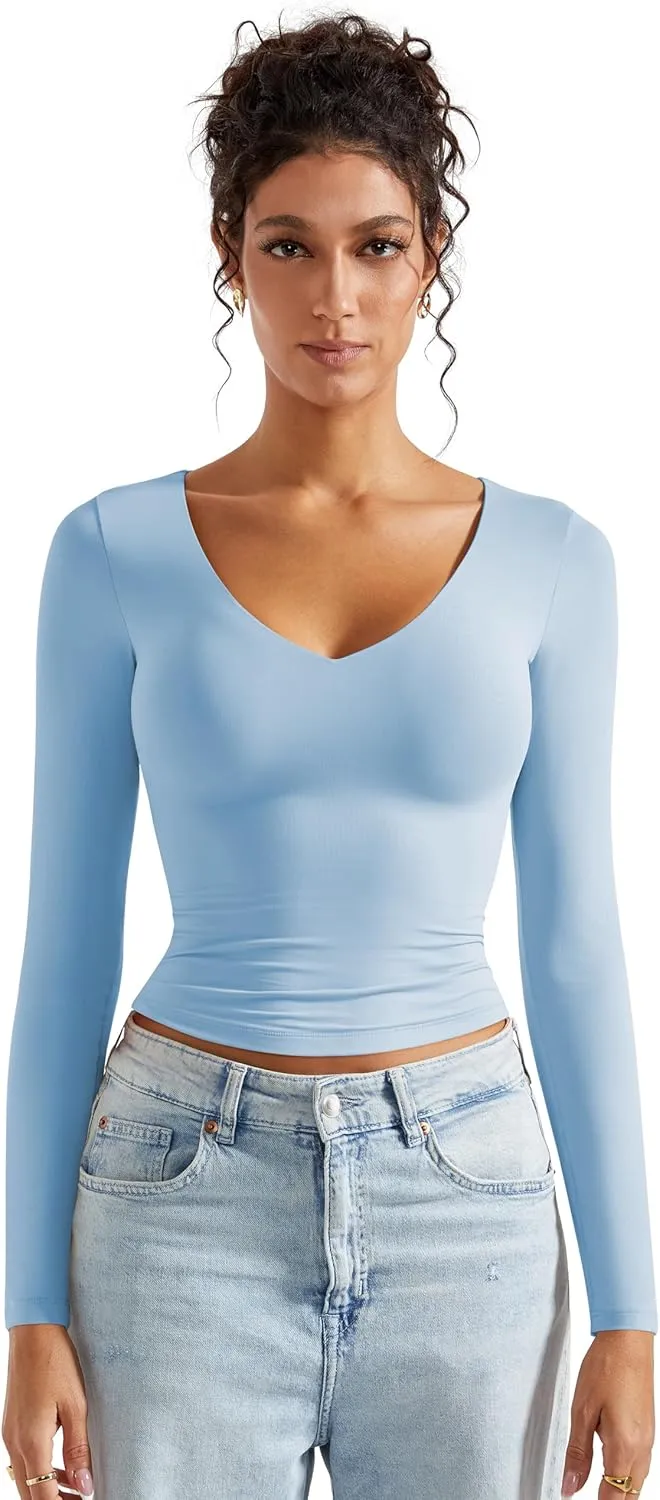 SUUKSESS Women Double Lined Casual V Neck Crop Tank Tops Basic Long Sleeve Shirts