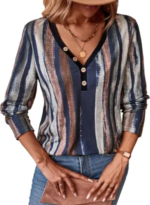 SweatyRocks Women's Allover Striped Print Long Sleeve Tee Top Casual V Neck Button Detail Pullover T Shirt