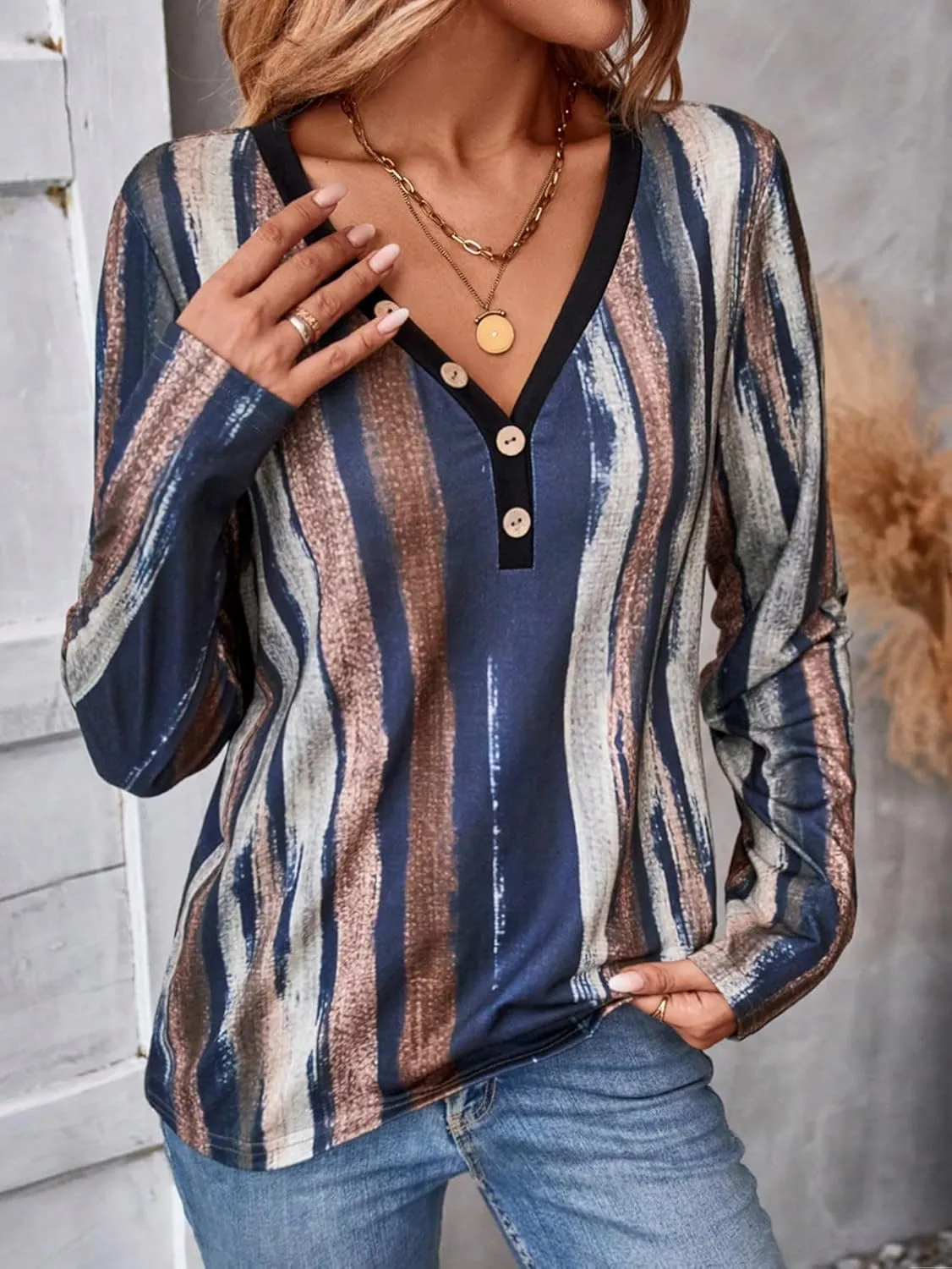 SweatyRocks Women's Allover Striped Print Long Sleeve Tee Top Casual V Neck Button Detail Pullover T Shirt