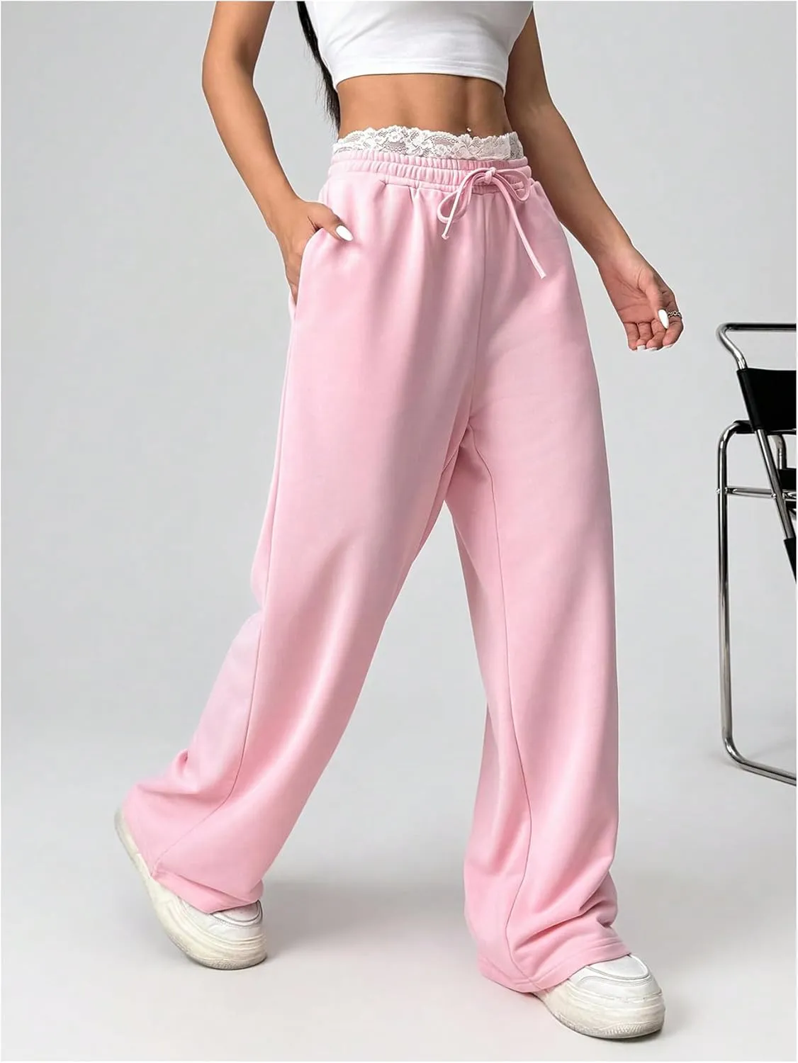 SweatyRocks Women's Lace Drawstring Waist Sweatpants Straight Leg Baggy Long Trousers