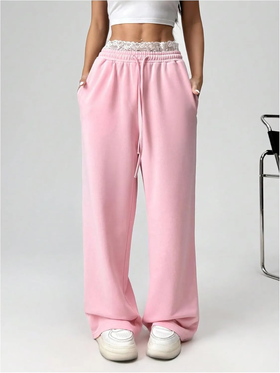 SweatyRocks Women's Lace Drawstring Waist Sweatpants Straight Leg Baggy Long Trousers
