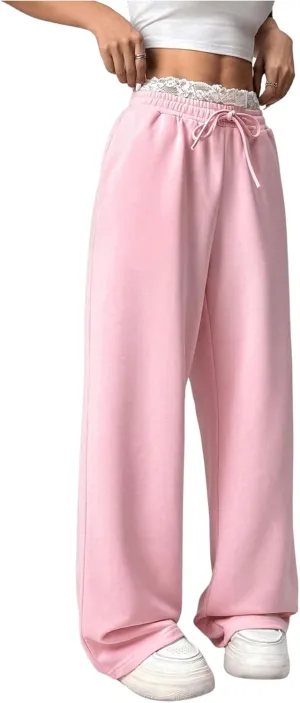 SweatyRocks Women's Lace Drawstring Waist Sweatpants Straight Leg Baggy Long Trousers