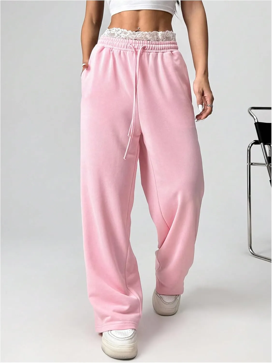 SweatyRocks Women's Lace Drawstring Waist Sweatpants Straight Leg Baggy Long Trousers