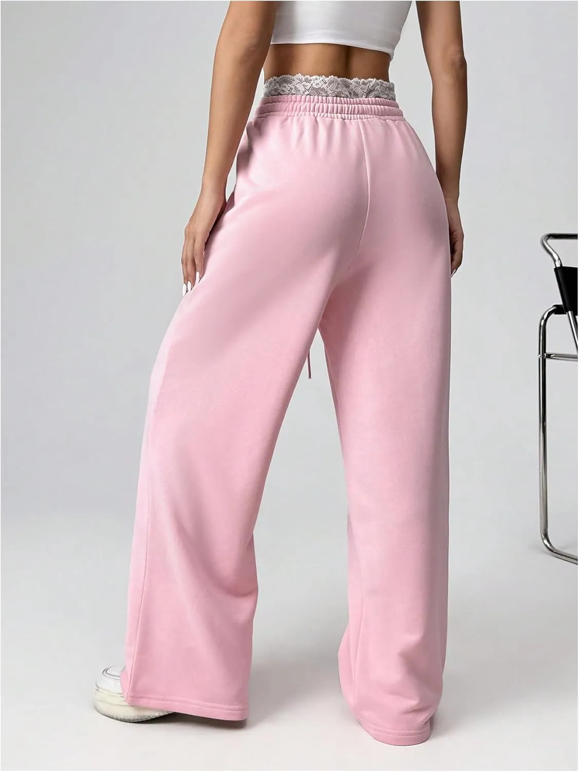 SweatyRocks Women's Lace Drawstring Waist Sweatpants Straight Leg Baggy Long Trousers