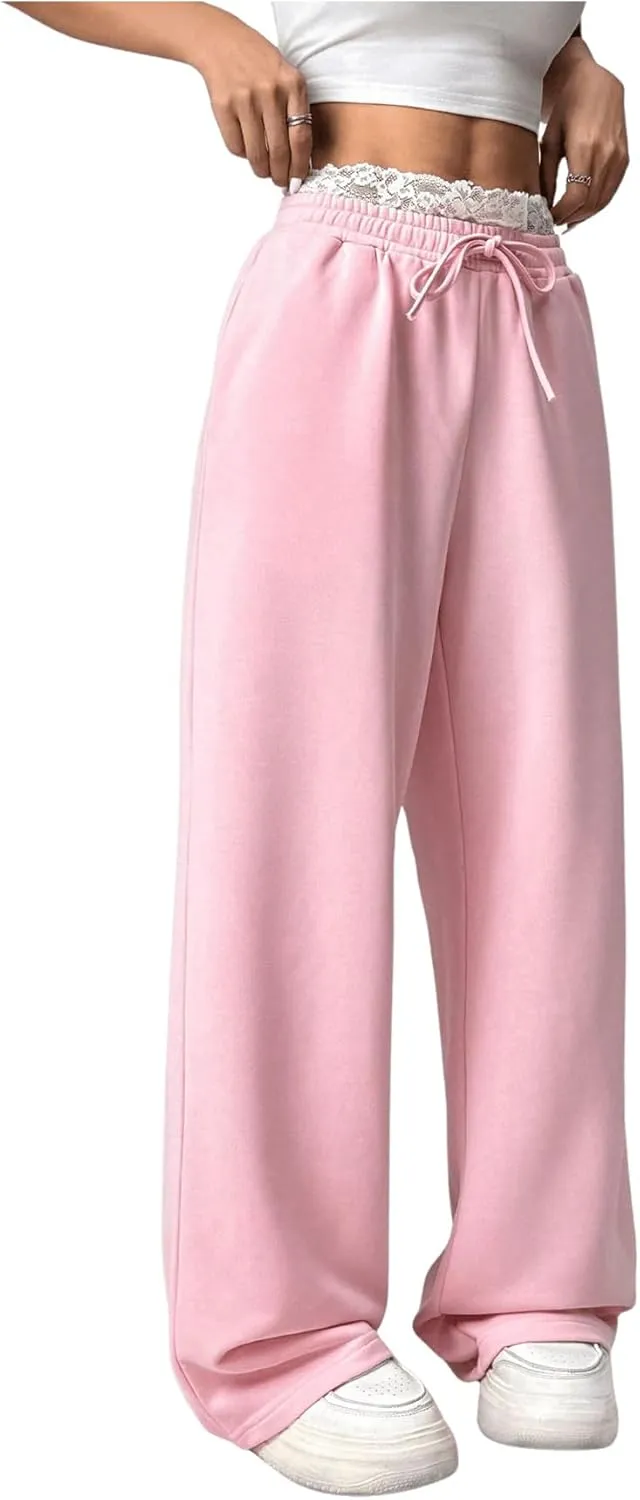 SweatyRocks Women's Lace Drawstring Waist Sweatpants Straight Leg Baggy Long Trousers