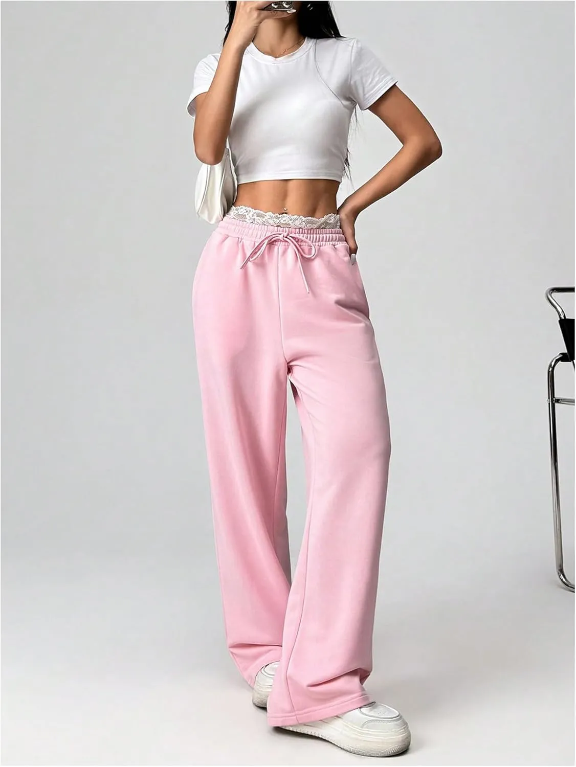 SweatyRocks Women's Lace Drawstring Waist Sweatpants Straight Leg Baggy Long Trousers