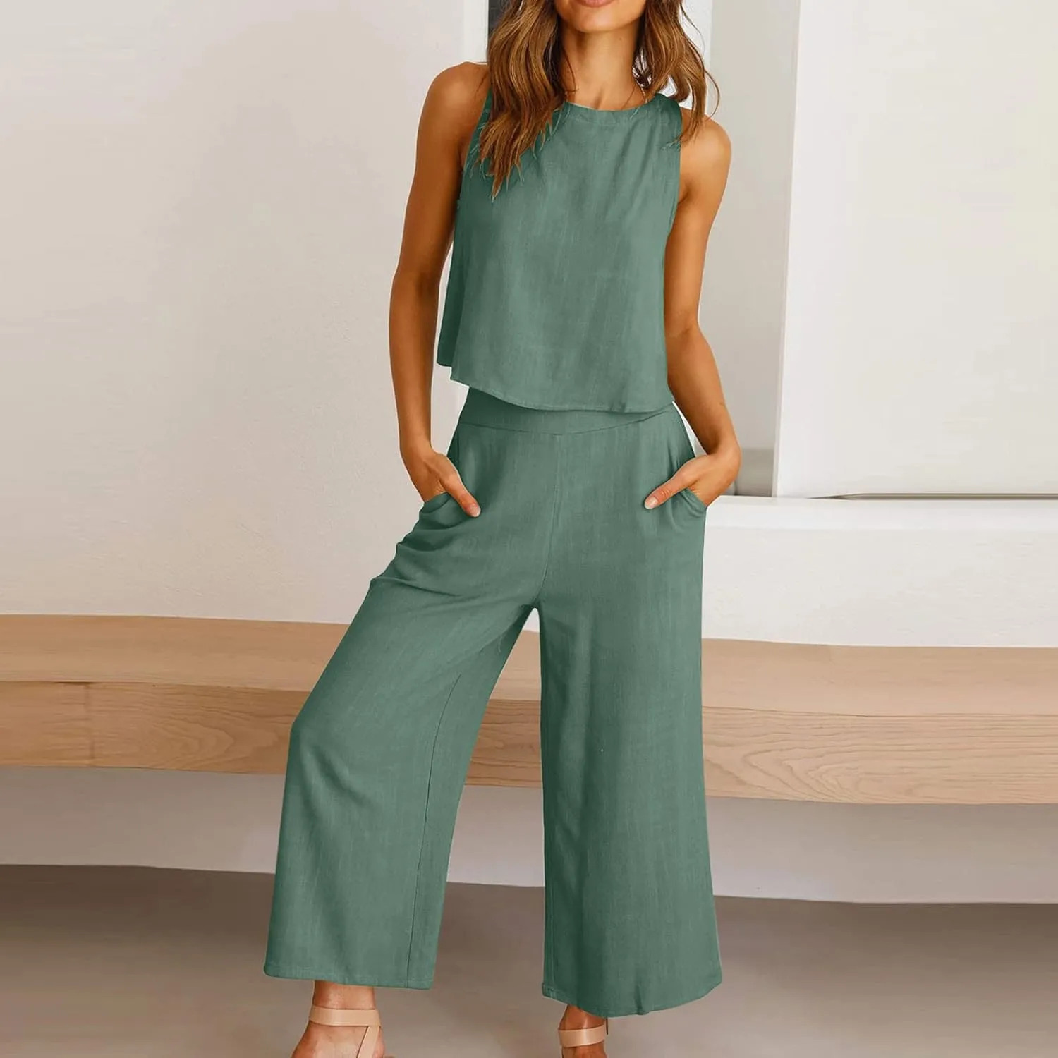 Two Piece Sets for Women Summer Vacation Outfits Sleeveless Crop Top Wide Leg Pants Lounge Beach Travel Clothing