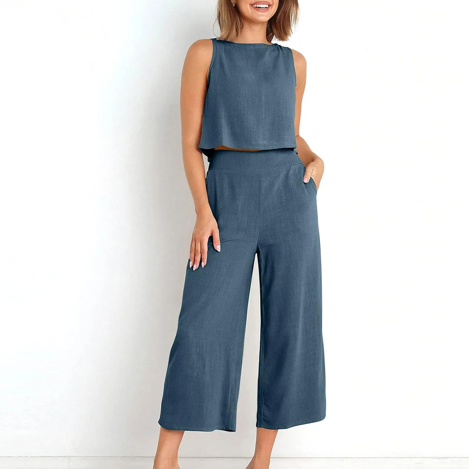 Two Piece Sets for Women Summer Vacation Outfits Sleeveless Crop Top Wide Leg Pants Lounge Beach Travel Clothing