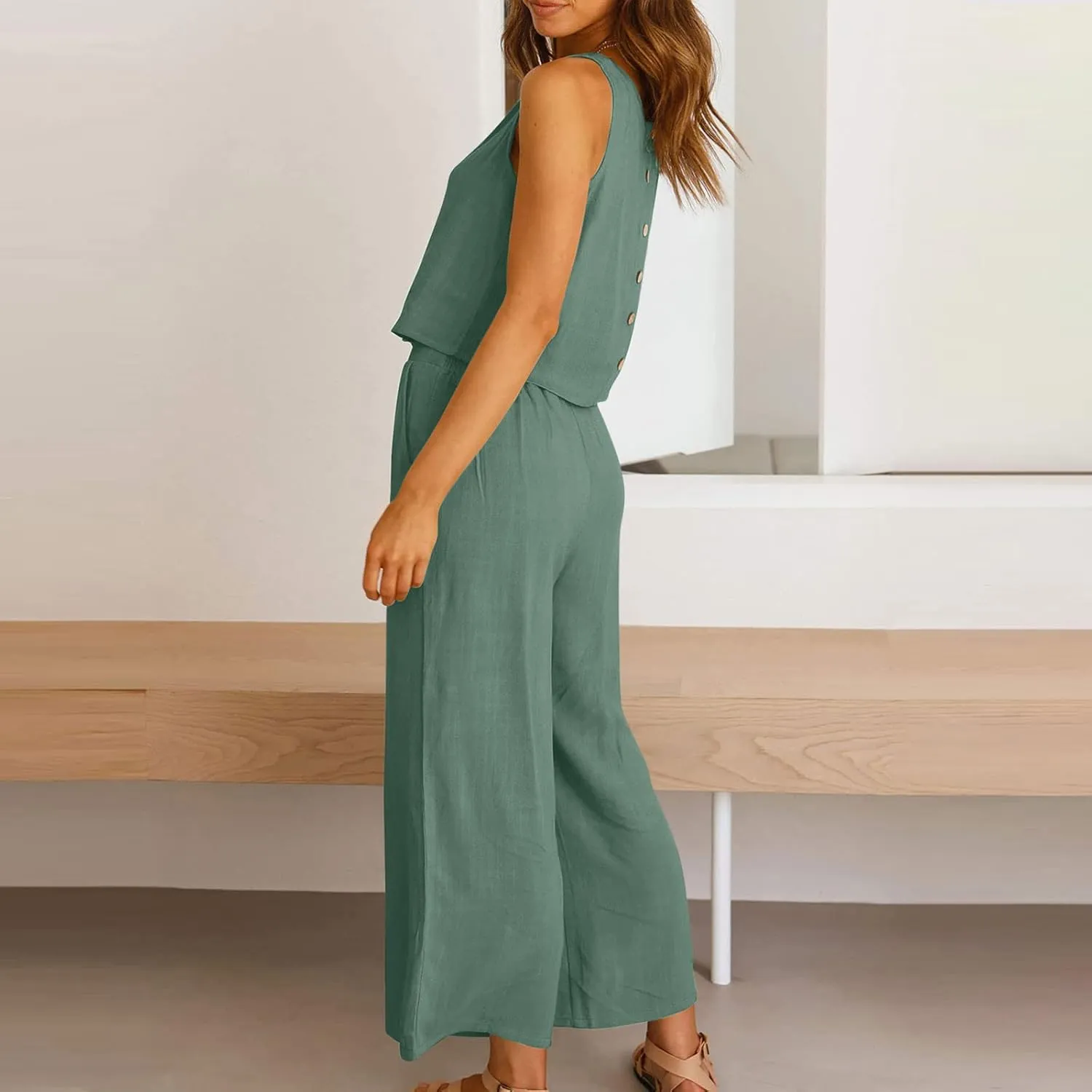 Two Piece Sets for Women Summer Vacation Outfits Sleeveless Crop Top Wide Leg Pants Lounge Beach Travel Clothing