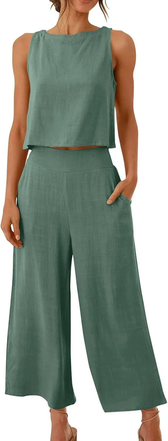 Two Piece Sets for Women Summer Vacation Outfits Sleeveless Crop Top Wide Leg Pants Lounge Beach Travel Clothing