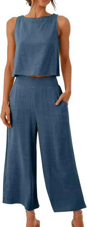 Two Piece Sets for Women Summer Vacation Outfits Sleeveless Crop Top Wide Leg Pants Lounge Beach Travel Clothing