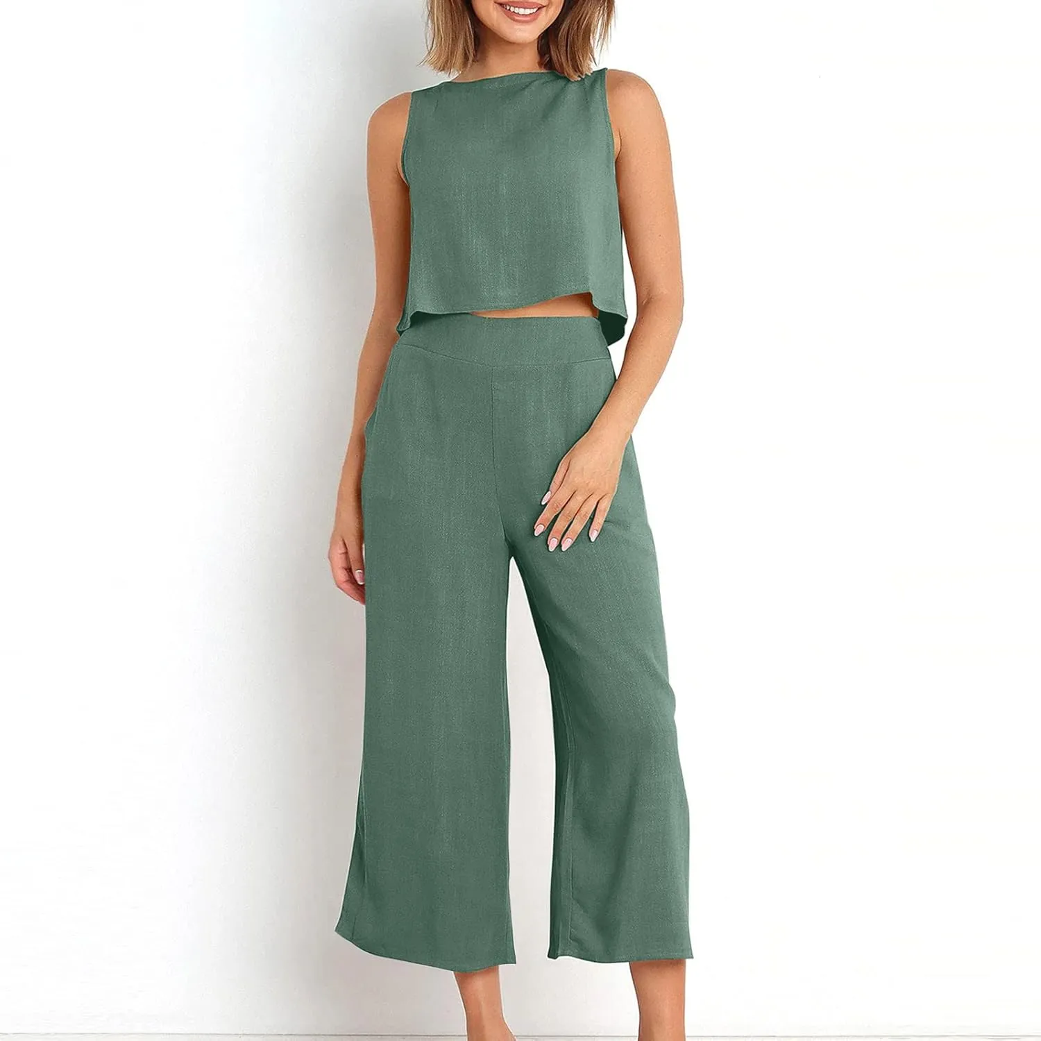 Two Piece Sets for Women Summer Vacation Outfits Sleeveless Crop Top Wide Leg Pants Lounge Beach Travel Clothing