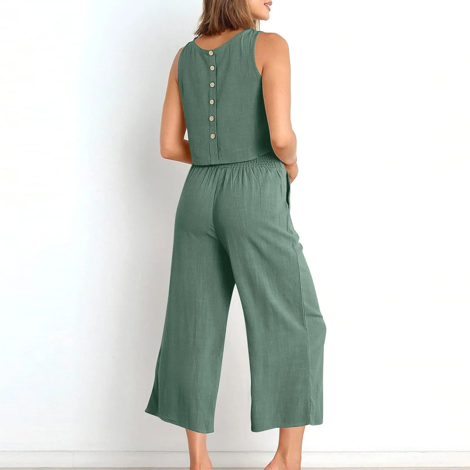 Two Piece Sets for Women Summer Vacation Outfits Sleeveless Crop Top Wide Leg Pants Lounge Beach Travel Clothing