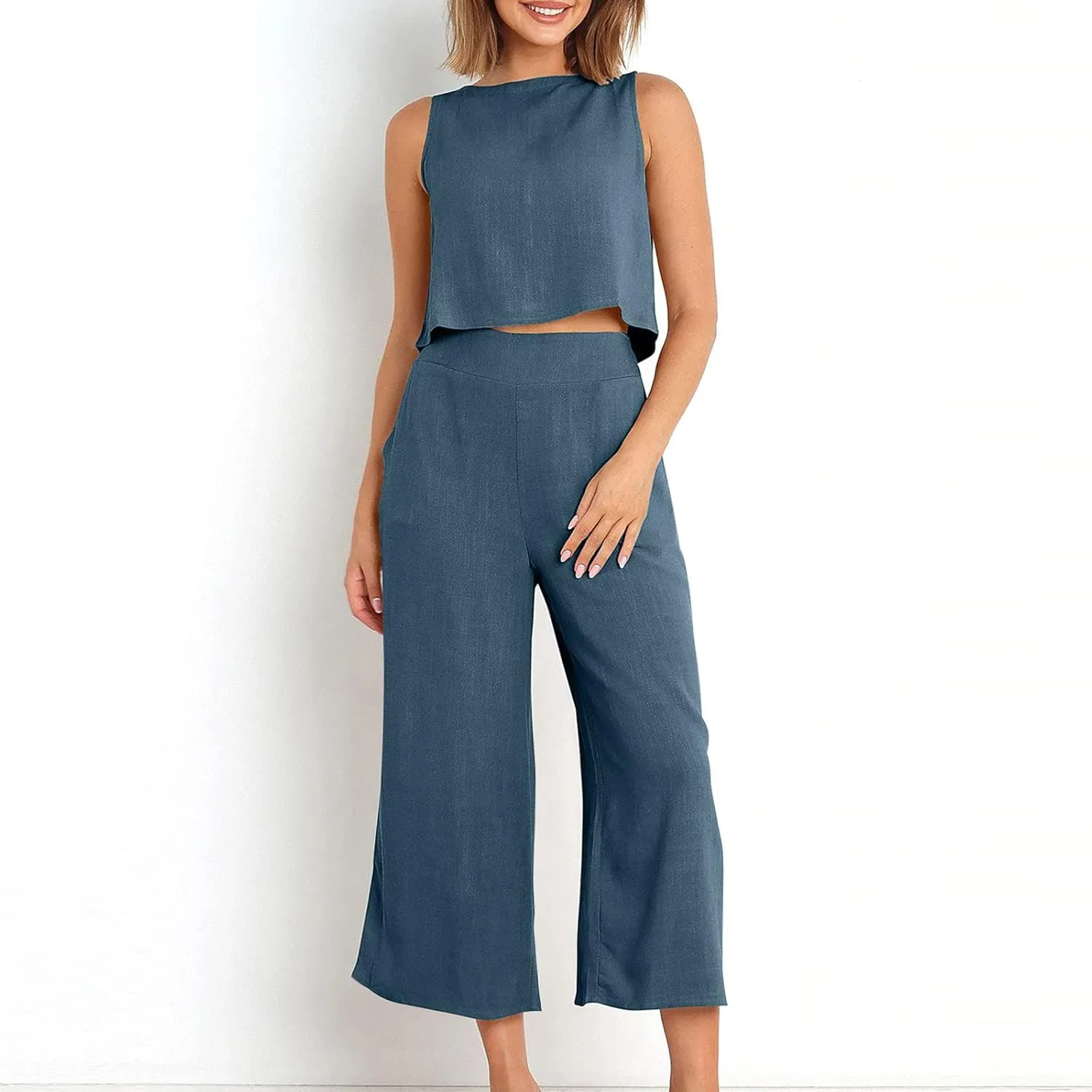 Two Piece Sets for Women Summer Vacation Outfits Sleeveless Crop Top Wide Leg Pants Lounge Beach Travel Clothing