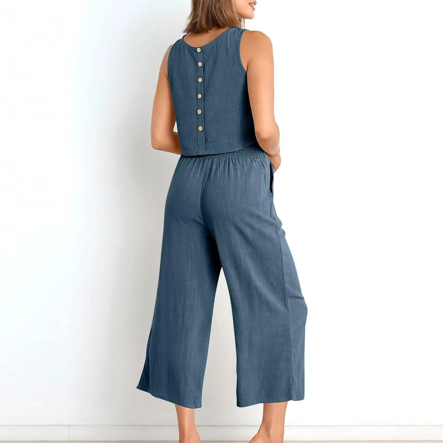 Two Piece Sets for Women Summer Vacation Outfits Sleeveless Crop Top Wide Leg Pants Lounge Beach Travel Clothing