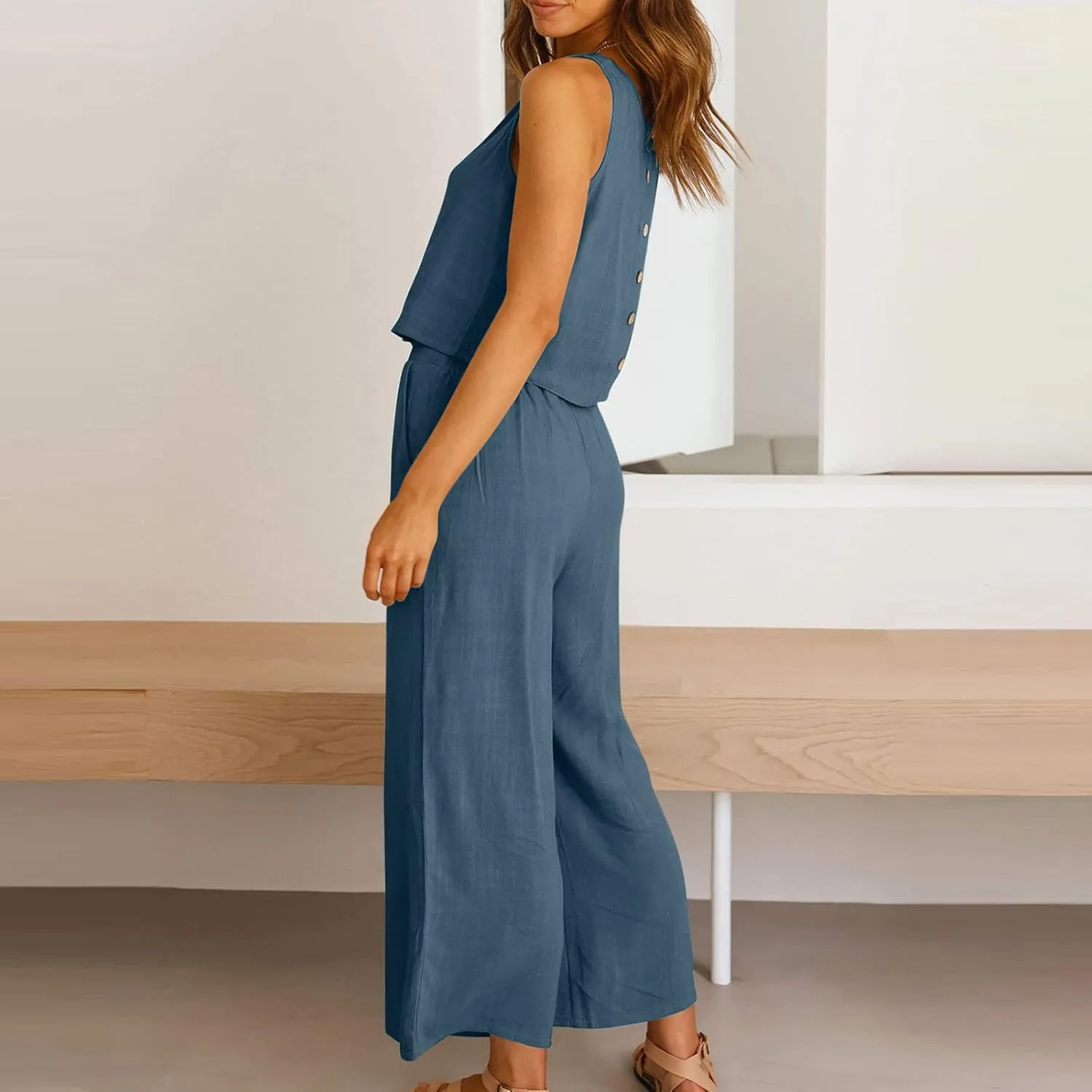 Two Piece Sets for Women Summer Vacation Outfits Sleeveless Crop Top Wide Leg Pants Lounge Beach Travel Clothing