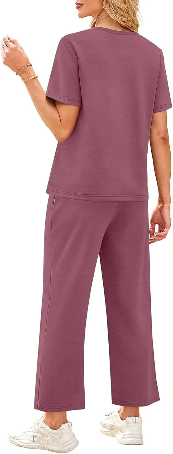 Two Piece Sets for Women Travel 2025 Outfits Fitness Short Sleeve Wide Leg Pants Clothing Summer Sport Lounge Sets