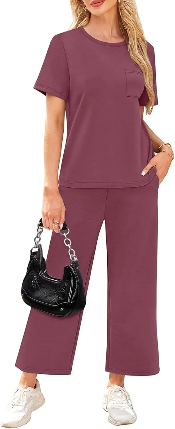 Two Piece Sets for Women Travel 2025 Outfits Fitness Short Sleeve Wide Leg Pants Clothing Summer Sport Lounge Sets