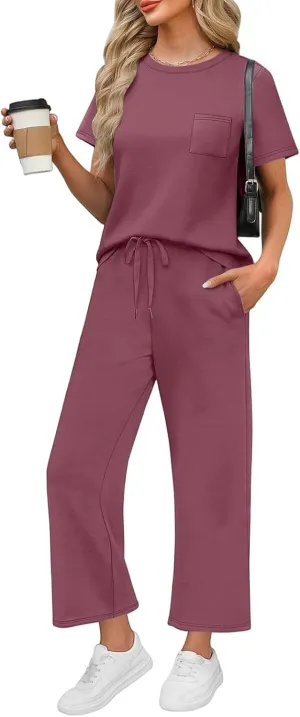Two Piece Sets for Women Travel 2025 Outfits Fitness Short Sleeve Wide Leg Pants Clothing Summer Sport Lounge Sets