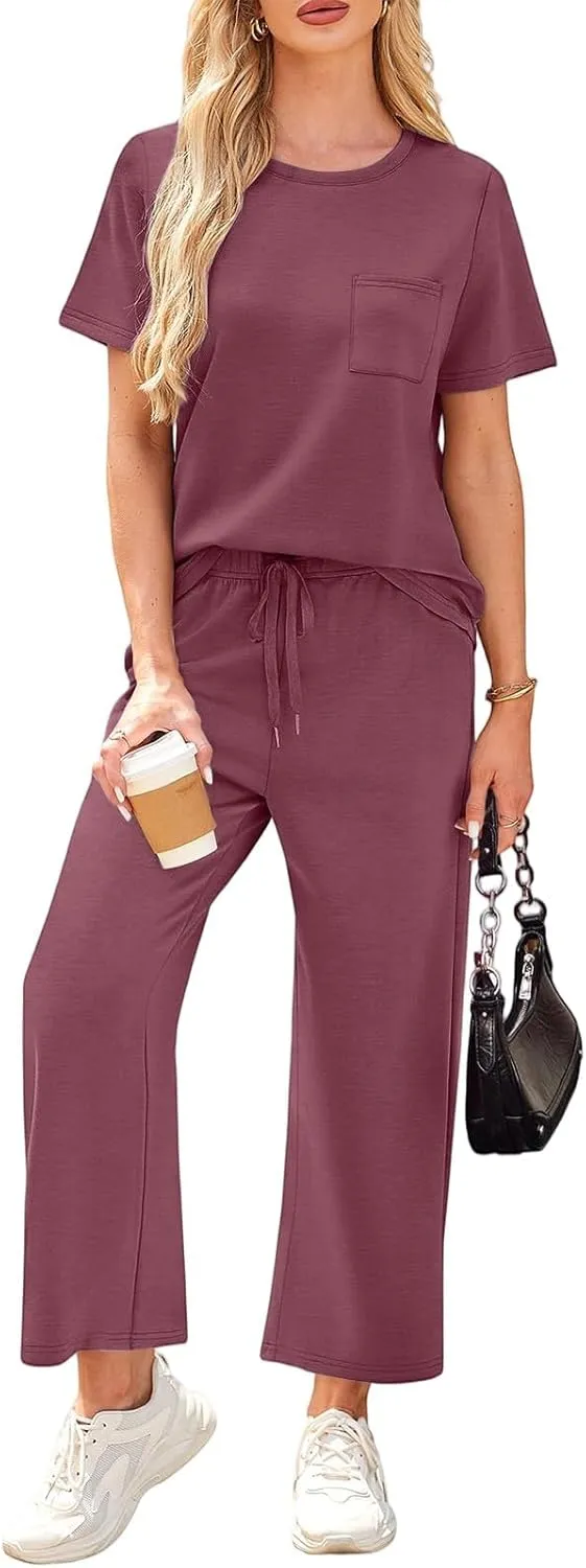 Two Piece Sets for Women Travel 2025 Outfits Fitness Short Sleeve Wide Leg Pants Clothing Summer Sport Lounge Sets