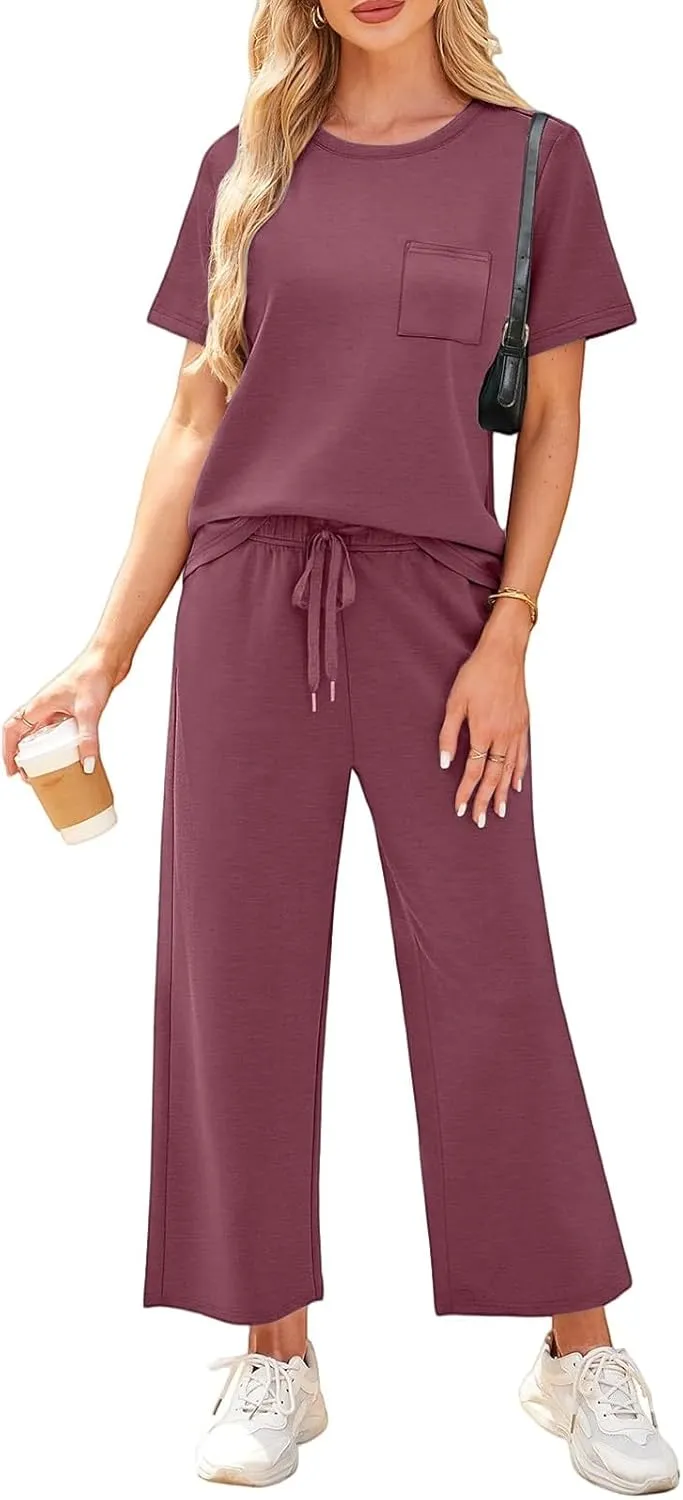 Two Piece Sets for Women Travel 2025 Outfits Fitness Short Sleeve Wide Leg Pants Clothing Summer Sport Lounge Sets