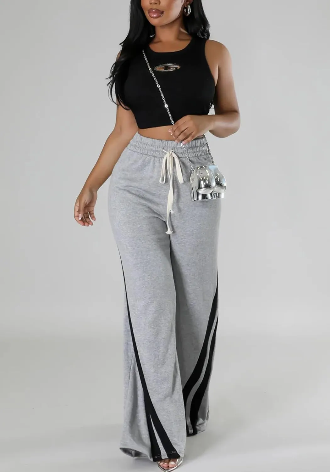 Unybwonn Women High Waist Wide Leg Sweatpants Straight Leg Elastic Waist Pants Casual Striped Pants with Drawstring
