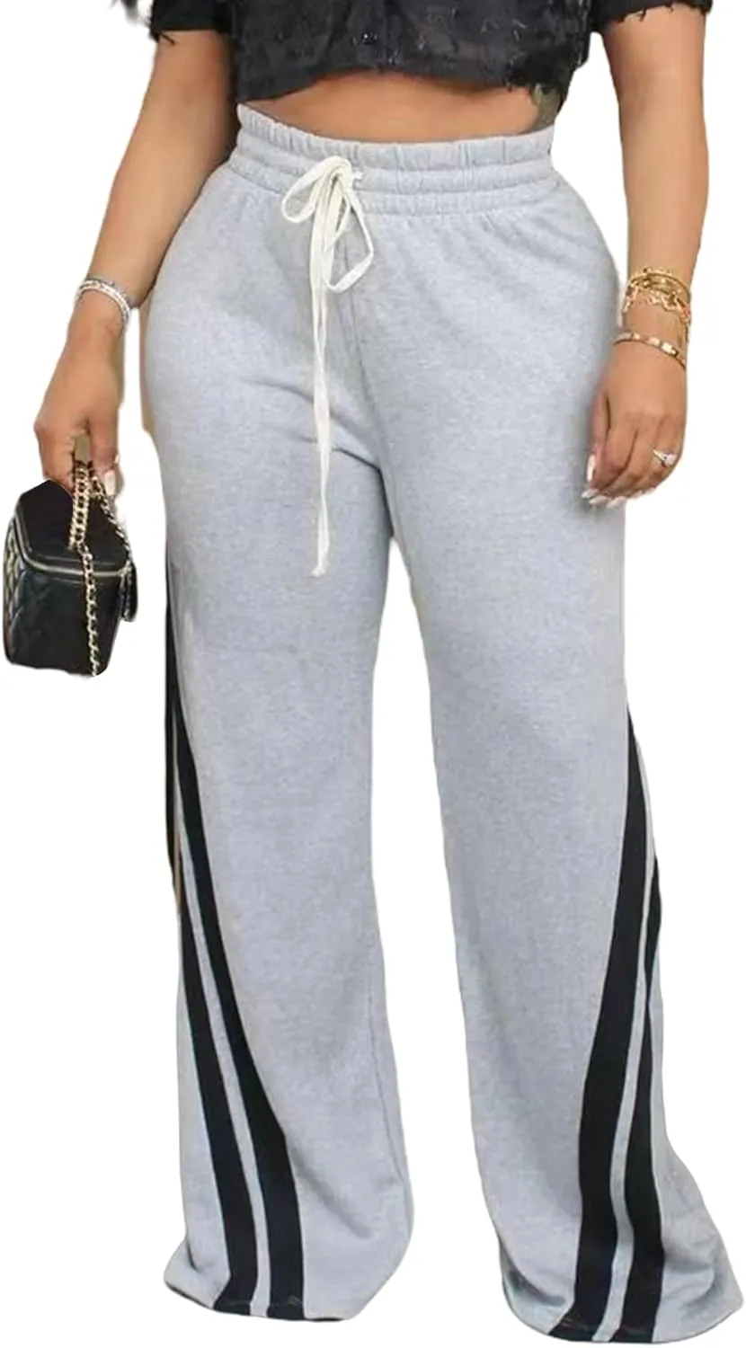 Unybwonn Women High Waist Wide Leg Sweatpants Straight Leg Elastic Waist Pants Casual Striped Pants with Drawstring