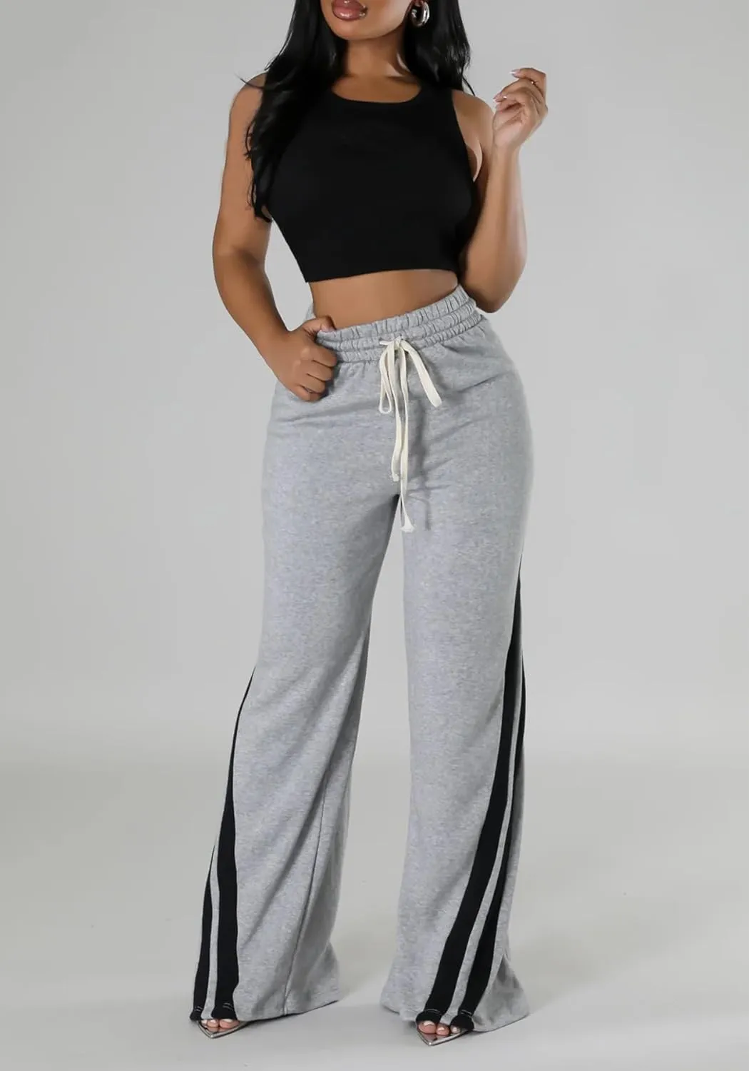 Unybwonn Women High Waist Wide Leg Sweatpants Straight Leg Elastic Waist Pants Casual Striped Pants with Drawstring