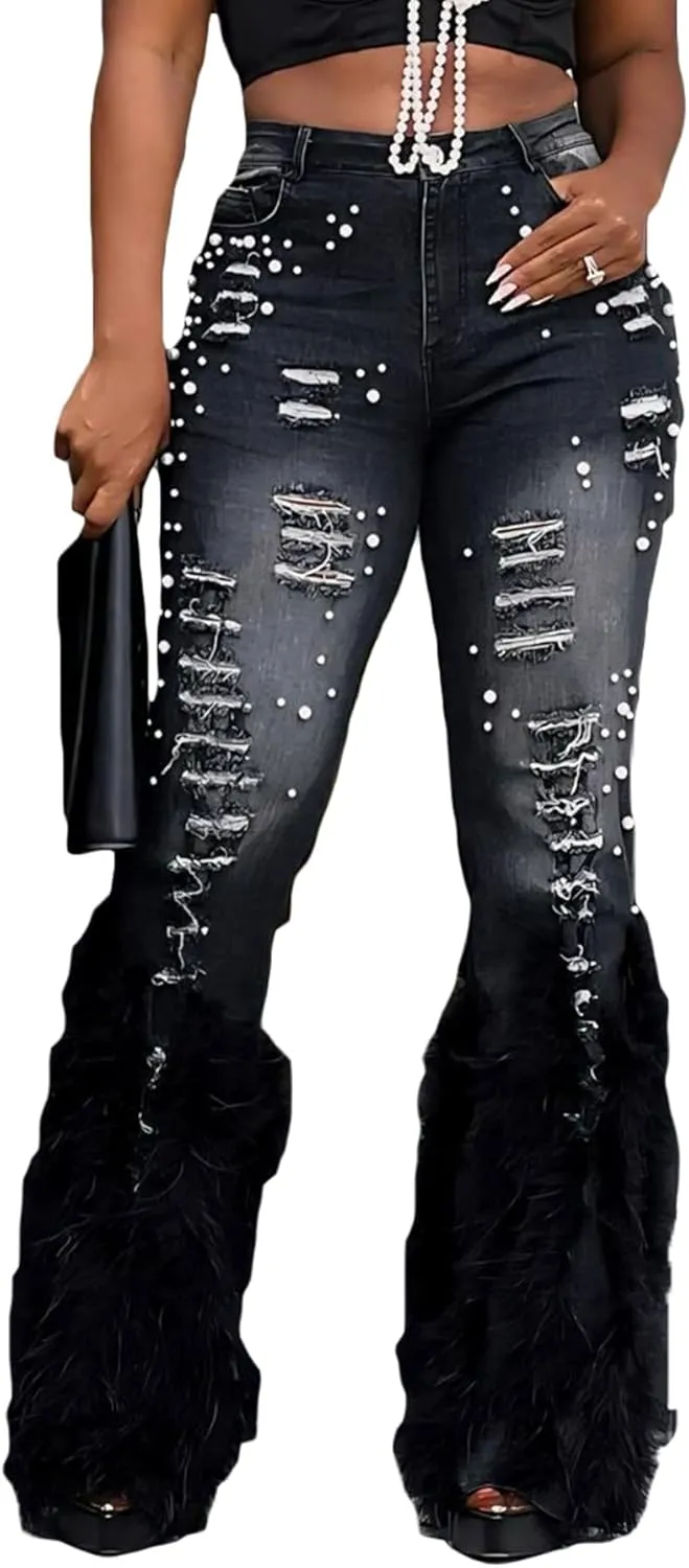 Unybwonn Women Ripped Pearl Bell Bottom Jeans Feather Fluffy Straight Leg Stretch Distressed Flared Denim Pants