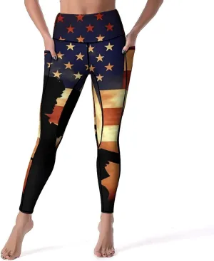 USA Flag Memorial Veterans Day Women's Yoga Pants Leggings with Pockets High Waist Compression Workout Pants