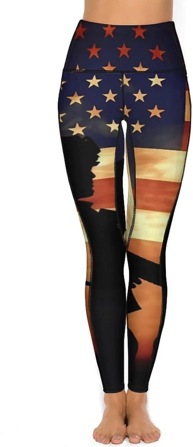 USA Flag Memorial Veterans Day Women's Yoga Pants Leggings with Pockets High Waist Compression Workout Pants