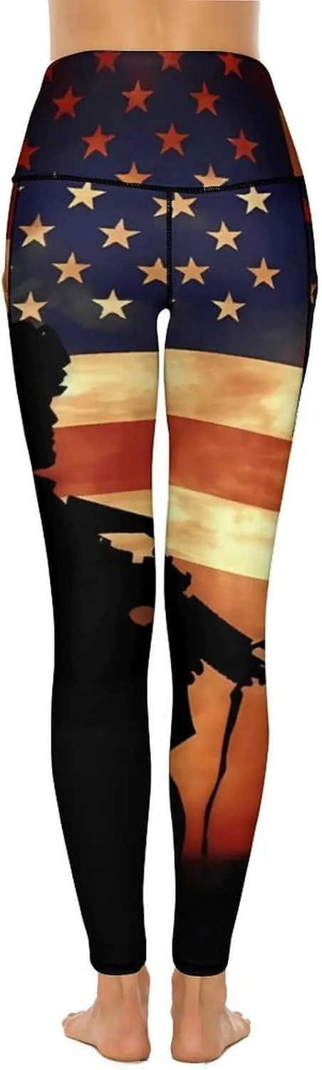 USA Flag Memorial Veterans Day Women's Yoga Pants Leggings with Pockets High Waist Compression Workout Pants