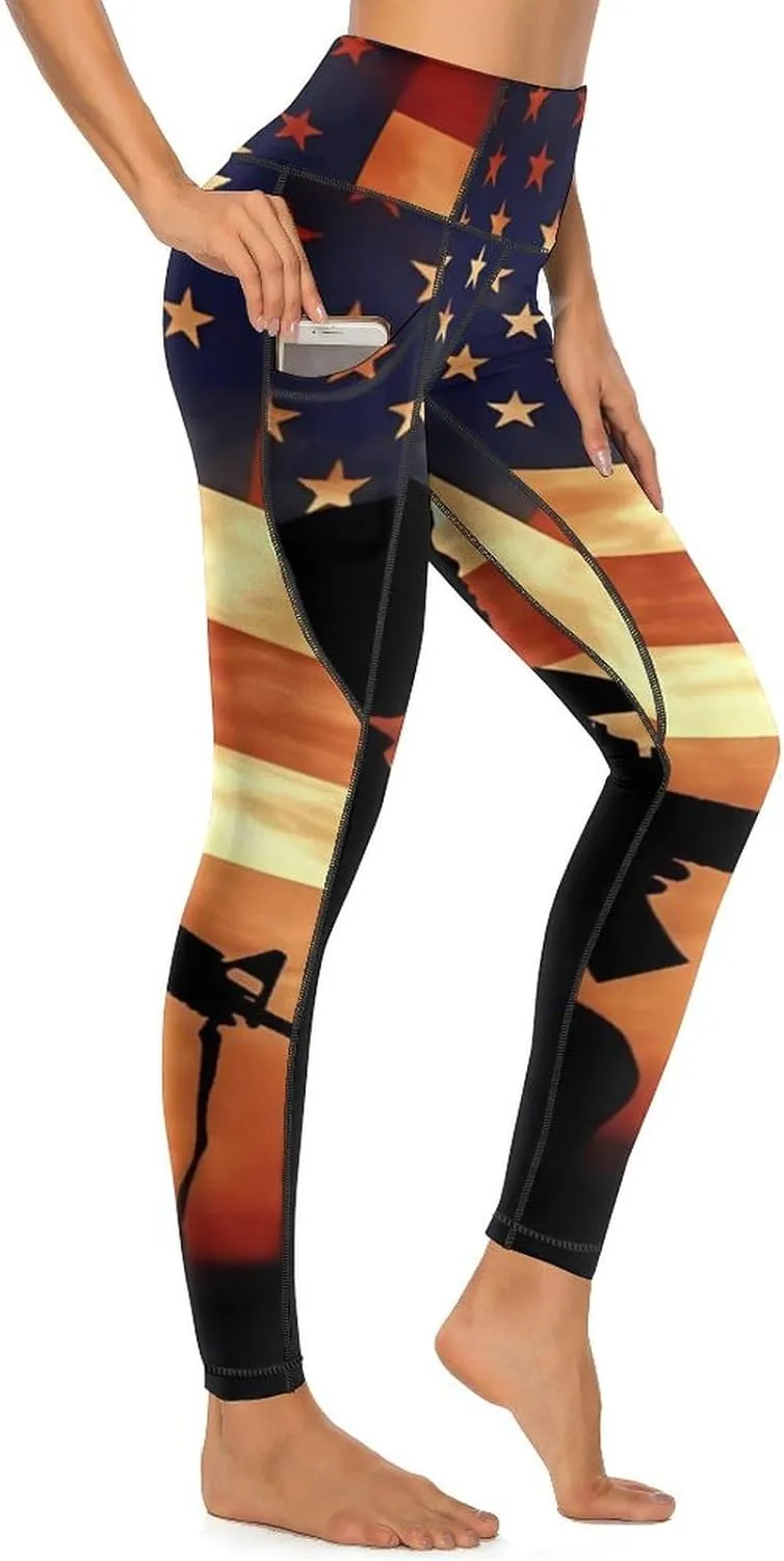 USA Flag Memorial Veterans Day Women's Yoga Pants Leggings with Pockets High Waist Compression Workout Pants