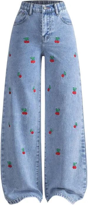 WDIRARA Girl's Cute Cherry Print Elastic High Waist Denim Pants Casual Wide Leg Jeans