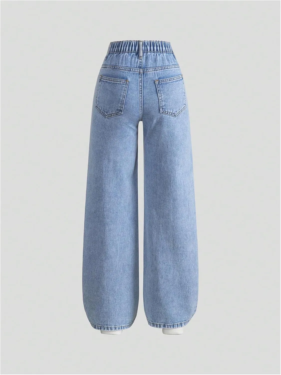 WDIRARA Girl's Cute Cherry Print Elastic High Waist Denim Pants Casual Wide Leg Jeans