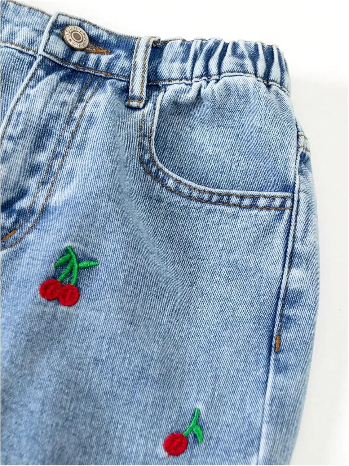 WDIRARA Girl's Cute Cherry Print Elastic High Waist Denim Pants Casual Wide Leg Jeans