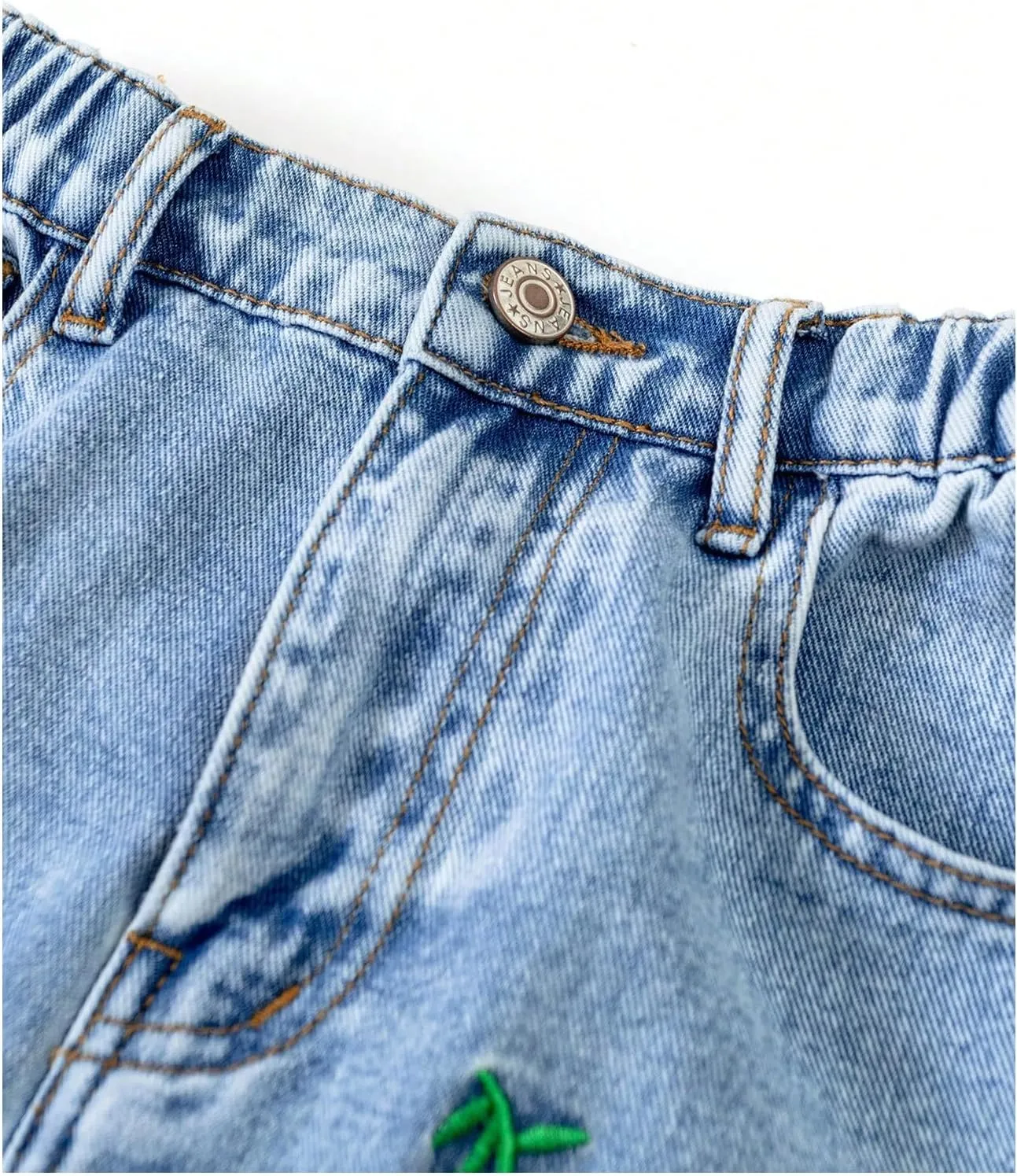 WDIRARA Girl's Cute Cherry Print Elastic High Waist Denim Pants Casual Wide Leg Jeans