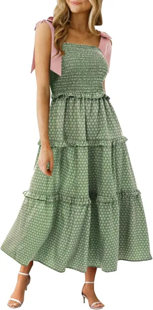 Wenrine Womens Summer Floral Maxi Dress Smocked Tie Shoulder Boho Sleeveless Ruffle Tiered Casual Beach Dresses