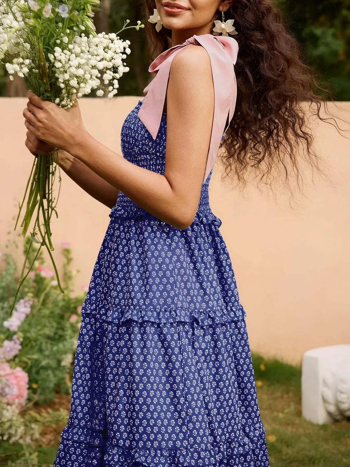Wenrine Womens Summer Floral Maxi Dress Smocked Tie Shoulder Boho Sleeveless Ruffle Tiered Casual Beach Dresses