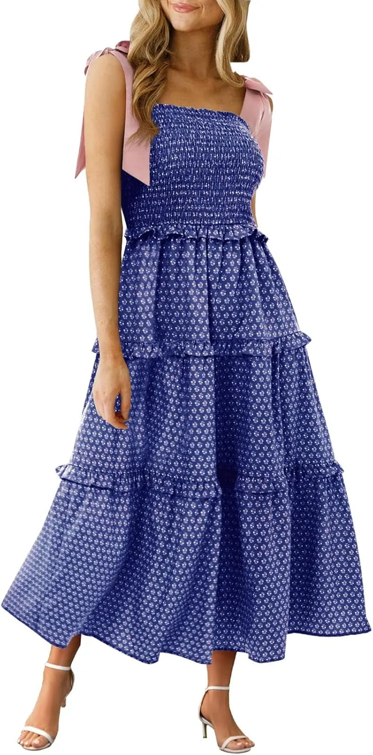 Wenrine Womens Summer Floral Maxi Dress Smocked Tie Shoulder Boho Sleeveless Ruffle Tiered Casual Beach Dresses