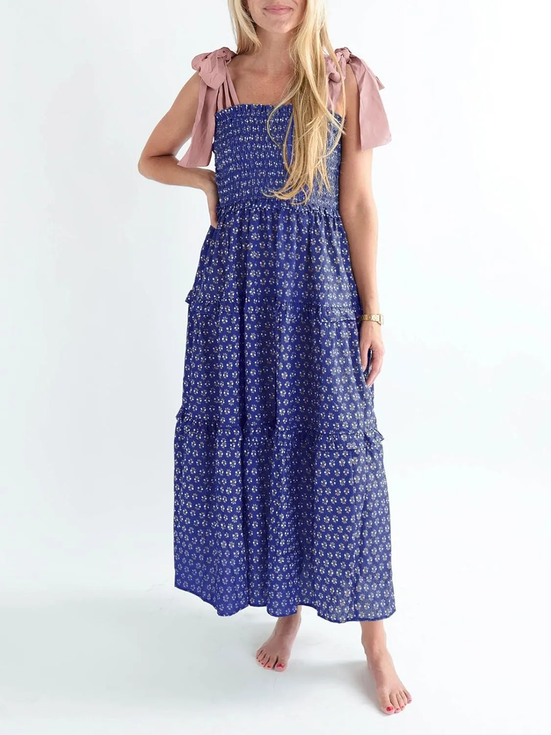 Wenrine Womens Summer Floral Maxi Dress Smocked Tie Shoulder Boho Sleeveless Ruffle Tiered Casual Beach Dresses