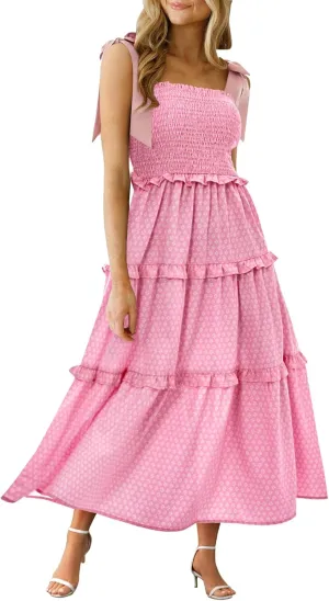 Wenrine Womens Summer Floral Maxi Dress Smocked Tie Shoulder Boho Sleeveless Ruffle Tiered Casual Beach Dresses